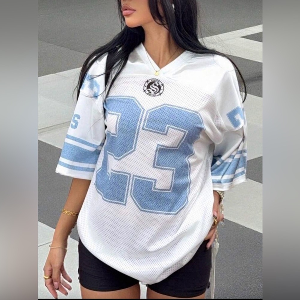 SHEIN EZwear Women Satin Printed Mesh Letter Short Sleeve Casual T-Shirt